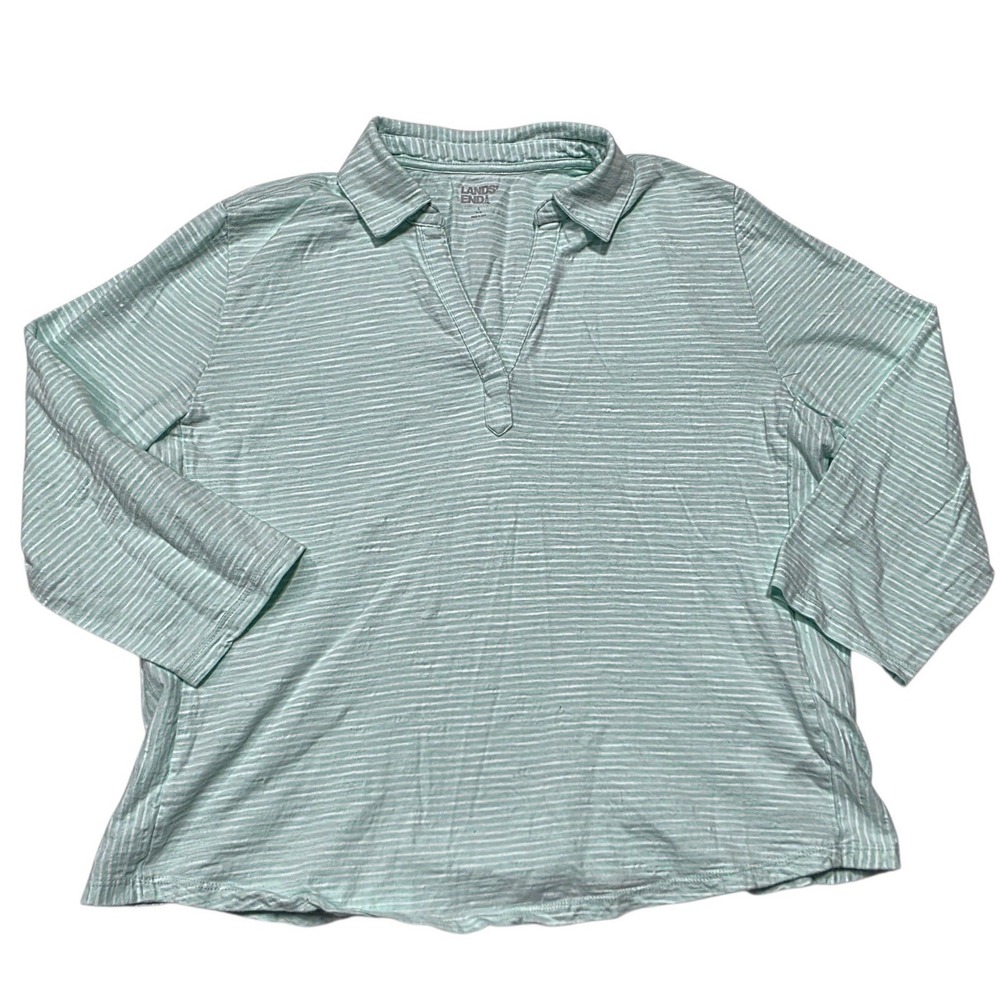 Lands' End Striped V-Neck Polo Shirt Womens Large Mint Green 100% Cotton